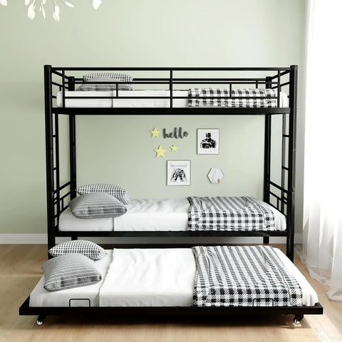 Twin Over Twin Bunk Bed with Trundle, Twin Bunk Beds for 3 Kids/Youths, Metal Bunkbed W/ 2 Ladders & Full-Length Guardrails