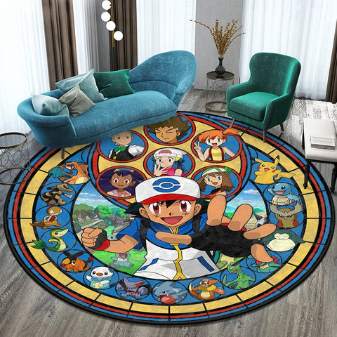 Pokémon Cartoon HD Printed Round Carpet for Living Room Rugs Camping Picnic Mats Flannel Anti-Slip Rug Yoga Mat Gifts