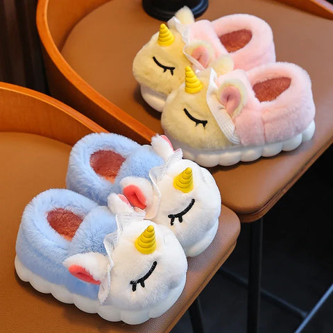 Winter Wrap Heels Kids Plush Slippers Cartoon Unicorn Children's Indoor Flip Flops Non-Slip Girls Boys Warm House Cotton Shoes