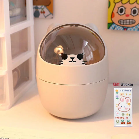Ins Style Creative Cute Home Desktop with Lid Trash Can Small Mini Kawaii Bedroom Desk Storage Box Pen Holder Give A Sticker