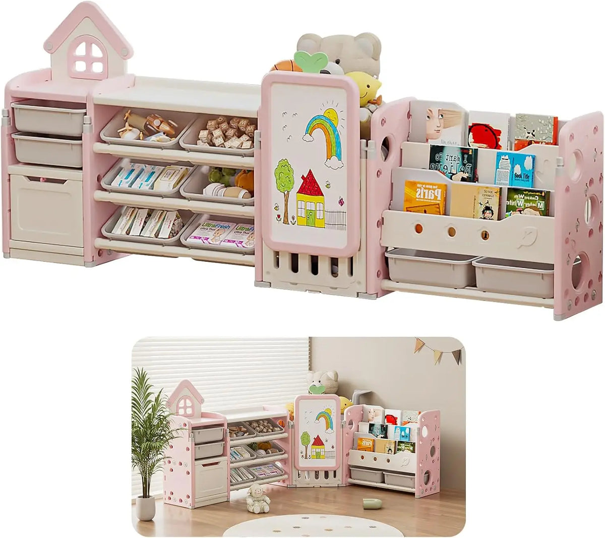 Kids Multifunctional Toy Storage Organizer with 3-Tier Bookshelf, Storage Rack & Drawing Board, Flexible L Shaped Organizer