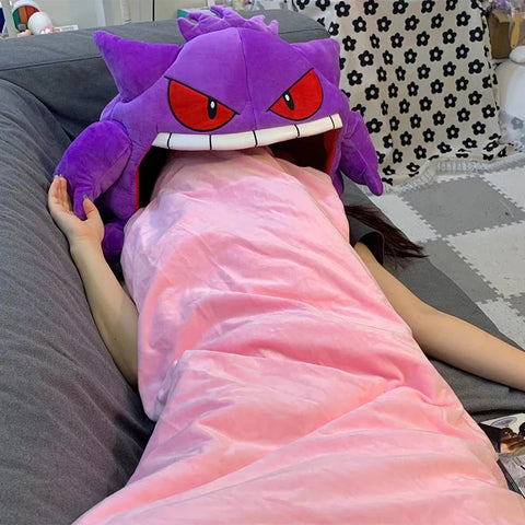 Pokemon Gengar Cartoon Anime Kawaii Elf Sleep Pillow Dual Purpose Nap Blanket Toys Doll Super Soft Big Mouth Gifts