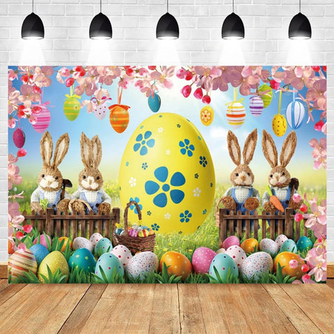 Happy Easter Backdrop for Photography Spring Easter Rabbits Colorful Eggs Forest Flower Fence Background Photo Studio Props