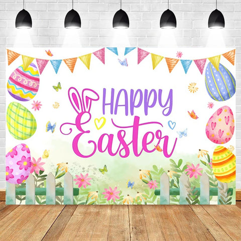 Happy Easter Backdrop for Photography Spring Easter Rabbits Colorful Eggs Forest Flower Fence Background Photo Studio Props