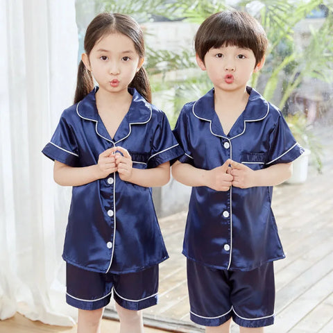 Summer Short Sleeve Satin Pajamas Silk Fabric Girls Sleepwear Boys Nightwear Solid Children's Pajama Sets Pyjamas Boy Baby Wear