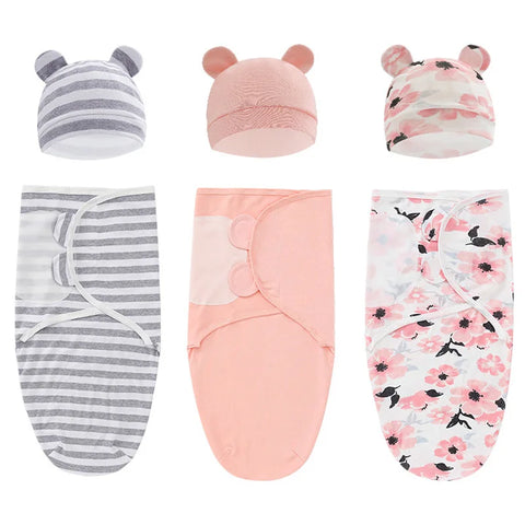 Muslin Newborn Sleeping Bag Hat Set Cotton Baby Swaddle Blanket Wrap Adjustable New Born Sleep Sack Infant Sleepwear 0-6M