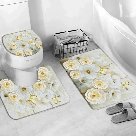 Elegant Bouquet of Fantastic White Flowers 3D Style Shower Curtain Bathroom Curtain with Bath Rug Carpet Set Floral Home Decor