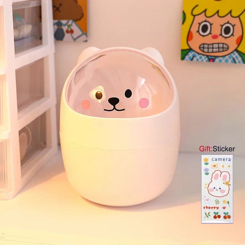Ins Style Creative Cute Home Desktop with Lid Trash Can Small Mini Kawaii Bedroom Desk Storage Box Pen Holder Give A Sticker