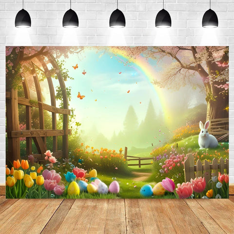 Happy Easter Backdrop for Photography Spring Easter Rabbits Colorful Eggs Forest Flower Fence Background Photo Studio Props