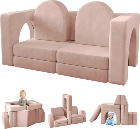 Modular Kids Play Couch for Playroom Bedroom, 10 in 1 Multifunctional Kids Sofa for Playing, Creativing, Sleeping,Indoor Toddler