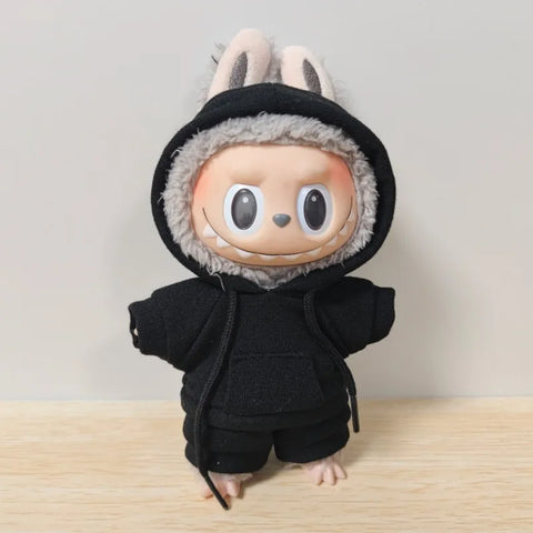 17cm Labubu Doll Black Hoodie Sweatshirt and Pants Set for Doll DIY Outfit Gift