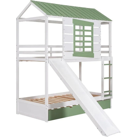 House Bunk Bed with Slide and Trundle, Wood Playhouse Bunk Bed Frames with Convertible Slide and Ladder Children Beds Furniture