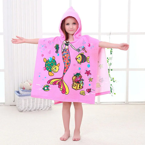 80-130cm Kids Hooded Bath Beach Poncho Towels Baby Quick Dry Bathrobe Child Cartoon Poncho Towels Microfiber Swim Cover-ups