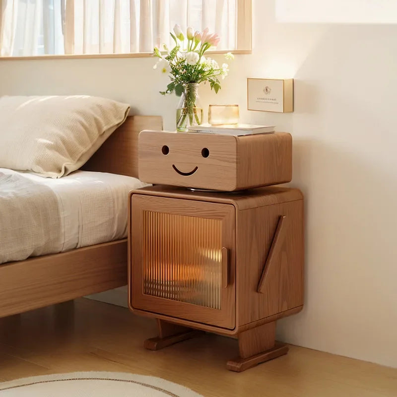 Solid wood bedside storage table bedroom living room creative side cabinet side robot with light children's bedside table