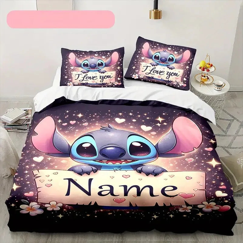 Customizable Stitch Anime Duvet Cover with 2 Pillowcases Cartoon Personalized Name Bedding Set for Women Children Teens