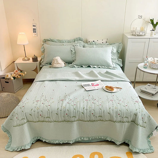 1/3Pc Korean Princess Ruffles Flowers Embroidery Summer Quilt Bedspread on the bed Quilt Air-conditioning Blanket Bedding Set