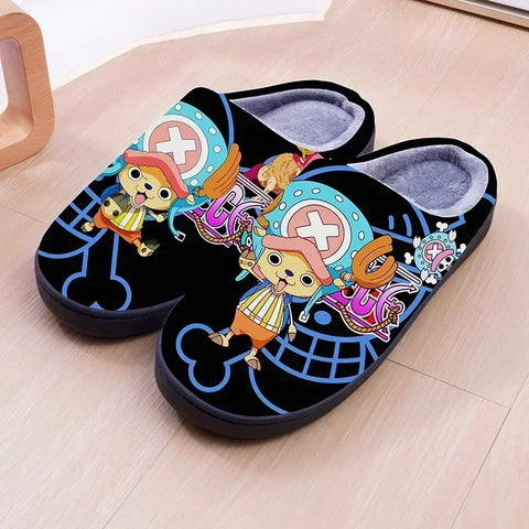 ONE PIECE Cartoon Warm Plush Cosplay Slippers Couple's Indoor Non-slip House Slides Men And Women Toe Wrap Home Cotton Shoes