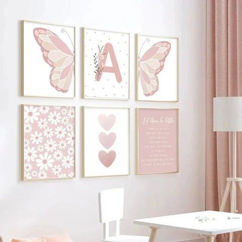 Pink Butterfly Wall Art Nursery Canvas Prints Painting Sun Rainbow Daisy Heart Posters Kawaii Pictures for Kids Girl Room Decor