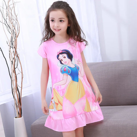 MINISO Girls Night Dress Summer Disney Cartoon Snow White Frozen Princess Elsa Mermaid Print Toddler Girl Nightgown for Teens