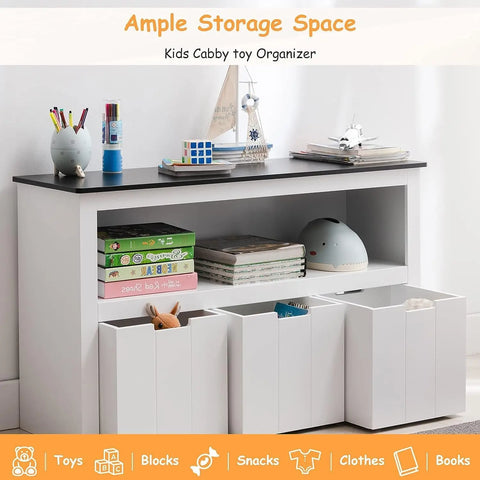Organizer with Bins, Toy Storage Cabinet with Bookshelf and Movable Drawers, Wooden Toy Box for Boys and Girls, Nursery, Playroo