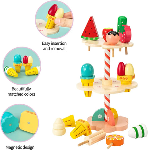 Wooden Ice Cream Counter Playset for Toddler Toys,  Montessori Pretend Play Food Toys Kitchen Accessories