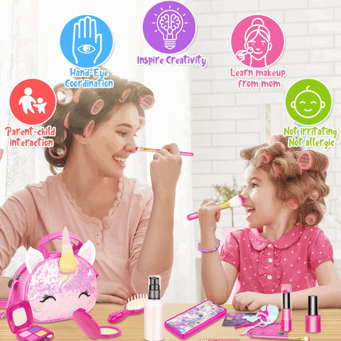 Kids Makeup Kit for Girls, Pretend Makeup Play Set with Unicorn Cosmetic Bag, Kids Dress Up Purse Little Girls Toys （Colour Rand