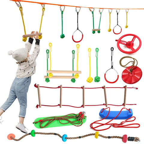 Ninja Tree Swing Toys Warrior Obstacle Course for Kids with Pulley Kit with Accessories Monkey Bars Gym Rings Climbing Ladder