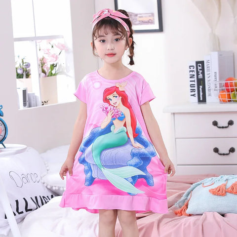 MINISO Girls Night Dress Summer Disney Cartoon Snow White Frozen Princess Elsa Mermaid Print Toddler Girl Nightgown for Teens