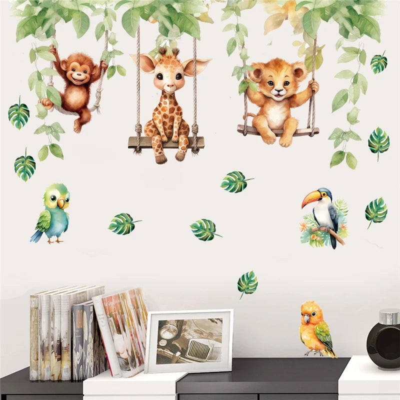 Funny Animals Bird Swinging Wall Stickers Kids Room Decoration Diy Cartoon Monkey Giraffe Lion Mural Art Pvc Posters Home Decals