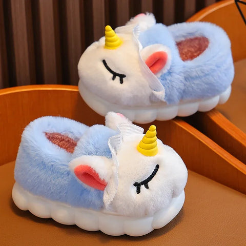 Winter Wrap Heels Kids Plush Slippers Cartoon Unicorn Children's Indoor Flip Flops Non-Slip Girls Boys Warm House Cotton Shoes