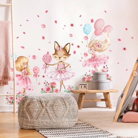 3pcs Pink Cartoon Animal Fox Wall Stickers Kids Room Girl Bedroom Background Decorative Wall Sticker Wallpapers Home Decor Ms556