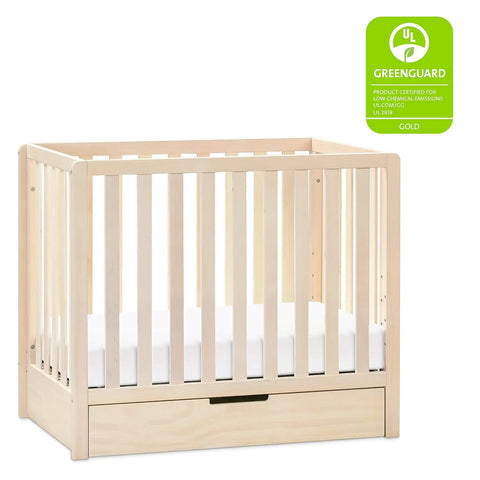 4-in-1 Convertible Mini Crib with Trundle Drawer in Washed Natural, Greenguard Gold Certified, Undercrib Storage