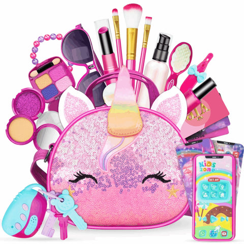 Kids Makeup Kit for Girls, Pretend Makeup Play Set with Unicorn Cosmetic Bag, Kids Dress Up Purse Little Girls Toys （Colour Rand