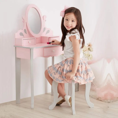 Play Vanity Set with Three Storage Drawers, Rotating Oval Mirror and Matching Stool to Play Dress-Up, Pink and Gray