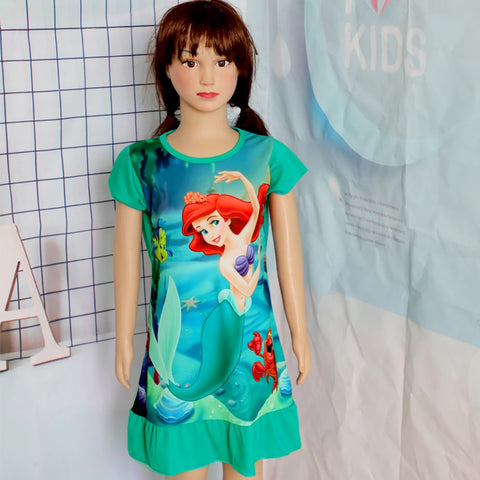 3-8Years New Summer Kids Cartoon Dress Sleepwear Mermaid Princess Belle Girls Printing Nightgowns Children Party Dresses Pajamas