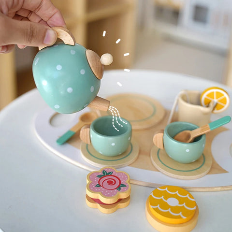 Wooden Afternoon Tea Set Toy Kitchen Accessories Tea Party Food Play Early Educational Toys for Toddlers Girls Boys Kids Gifts