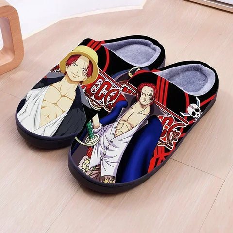 ONE PIECE Cartoon Warm Plush Cosplay Slippers Couple's Indoor Non-slip House Slides Men And Women Toe Wrap Home Cotton Shoes