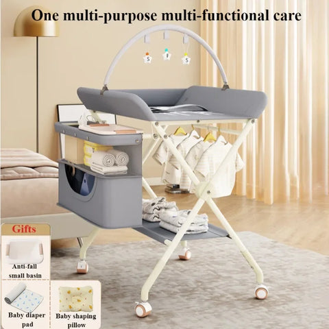 Foldable Diaper Changing Table with Drying Rack Toy Rack Storage Basket Height Adjustable Multifunctional Mobile Baby Care Table