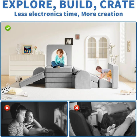 Modular Kids Play Couch for Playroom Bedroom, 10 in 1 Multifunctional Kids Sofa for Playing, Creativing, Sleeping,Indoor Toddler