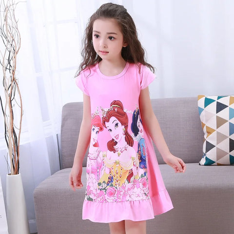 MINISO Girls Night Dress Summer Disney Cartoon Snow White Frozen Princess Elsa Mermaid Print Toddler Girl Nightgown for Teens