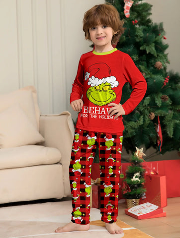 Christmas Family Matching Pajamas Set Little Monster Print Parent-child Outfits  Top+Stripe Pants Xmas Sleepwear Baby Jumpsuit