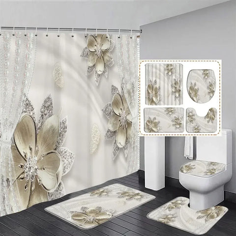 Elegant Bouquet of Fantastic White Flowers 3D Style Shower Curtain Bathroom Curtain with Bath Rug Carpet Set Floral Home Decor