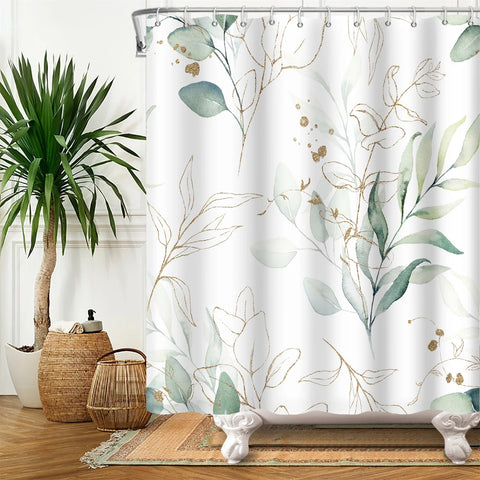 Green Plant Leaf Vines Flowers Shower Curtain Print Modern Nordic Minimalist Polyster Home Decor Bathroom Curtain with Hooks