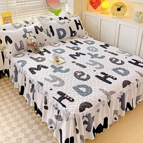 Bonenjoy Bed Skirt Cartoon Style Bed Cover Ruffled Bedsheet falda de cama Quilted Mattress Covers Lace Bedspread (No Pillowcase)