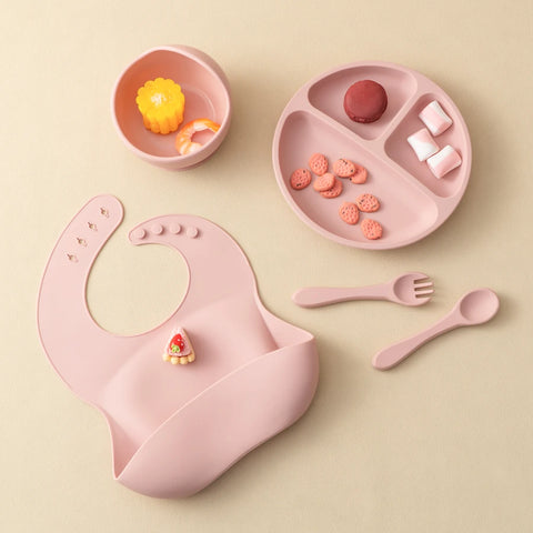 5Pcs Baby Silicone Feeding Set Round Dining Plate Sucker Bowl Dishes For Kids Waterproof Bib Children's Tableware Straw Cup