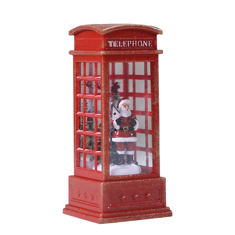 Christmas Themed Snow Globe LED Light-Up, Maroon Phone Booth with Santa, Decorative Christmas Themed Light, 1Pc