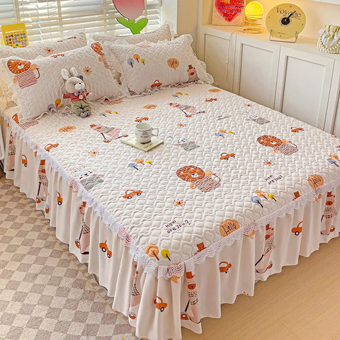 Bonenjoy Bed Skirt Cartoon Style Bed Cover Ruffled Bedsheet falda de cama Quilted Mattress Covers Lace Bedspread (No Pillowcase)