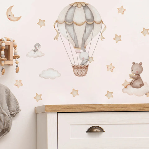 Cartoon Hot Air Balloon Animals Bear Rabbits Wall Stickers for Kids Room Boy Room Decoration Nursery Baby Room Decoration Decal