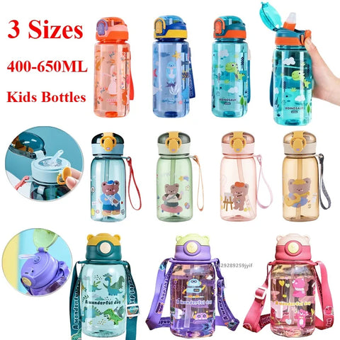 400-650ML Kids Cartoon Water Bottles Leakproof Water Sippy Cup with Straw and Strap Portable Drinking Bottle for Childre
