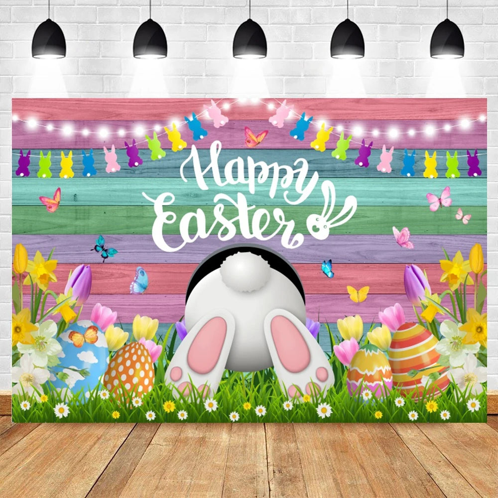 Happy Easter Backdrop for Photography Spring Easter Rabbits Colorful Eggs Forest Flower Fence Background Photo Studio Props